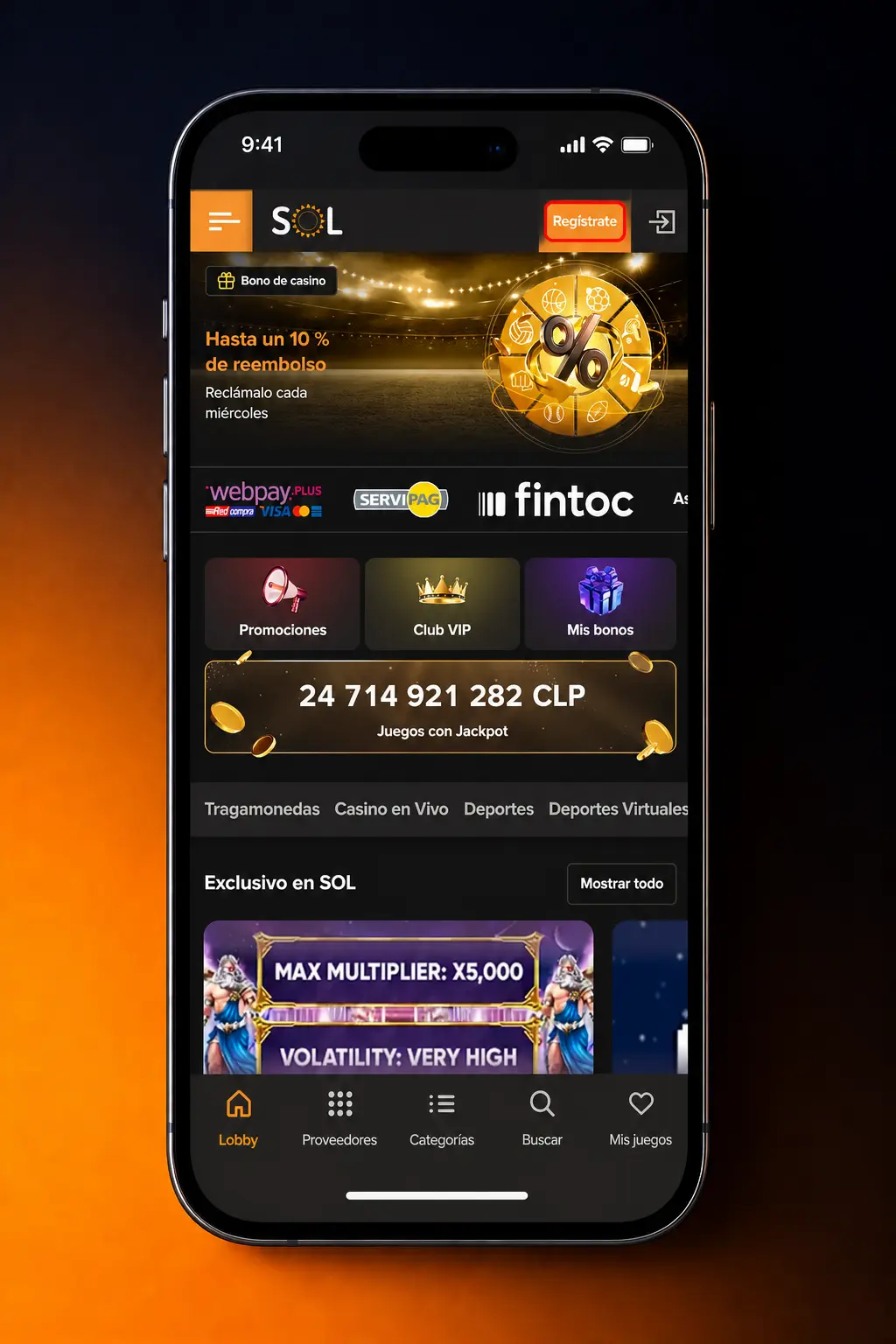 Formulario de registro en línea de SOL Casino con pasos para crear cuenta, verificar datos y elegir bono