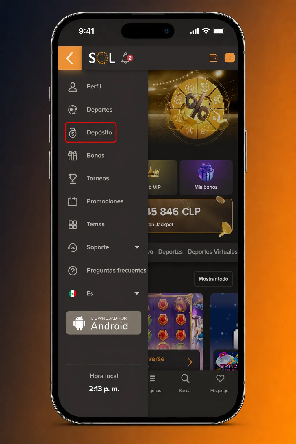 Depósito en la app de SOL Casino Chile con saldo en CLP, métodos de pago y límites de carga