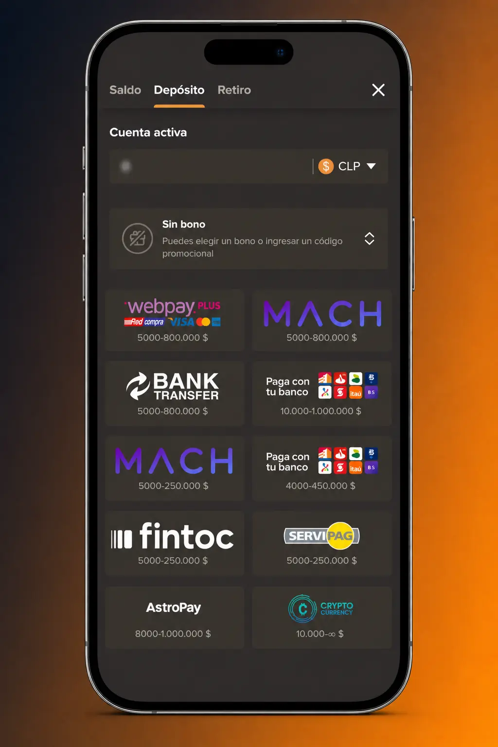 Pantalla de depósito de SOL Casino Chile con saldo en CLP y opciones Webpay, MACH, Fintoc y cripto