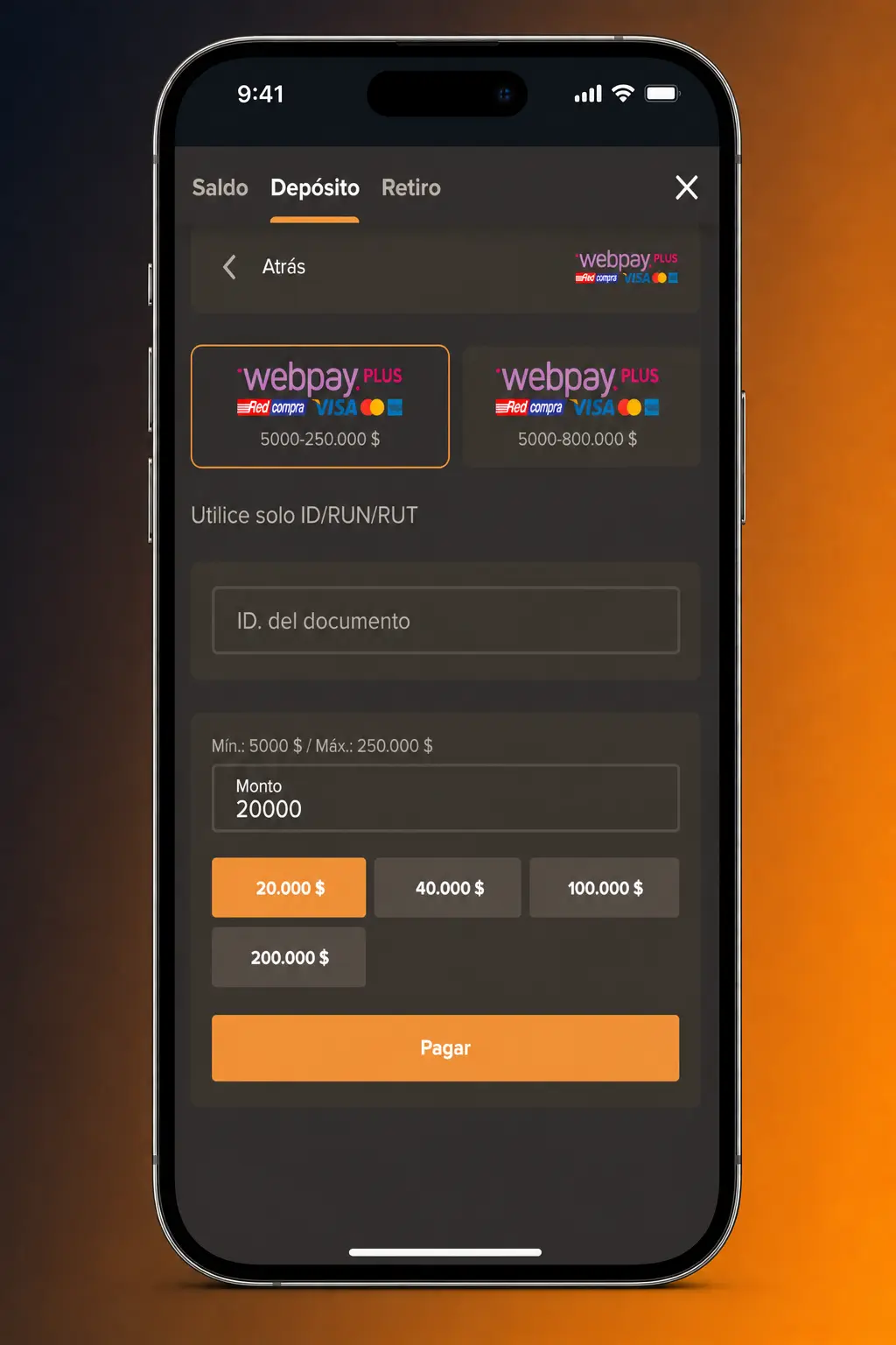 Depósito en la app de SOL Casino Chile con saldo en CLP y métodos de pago disponibles