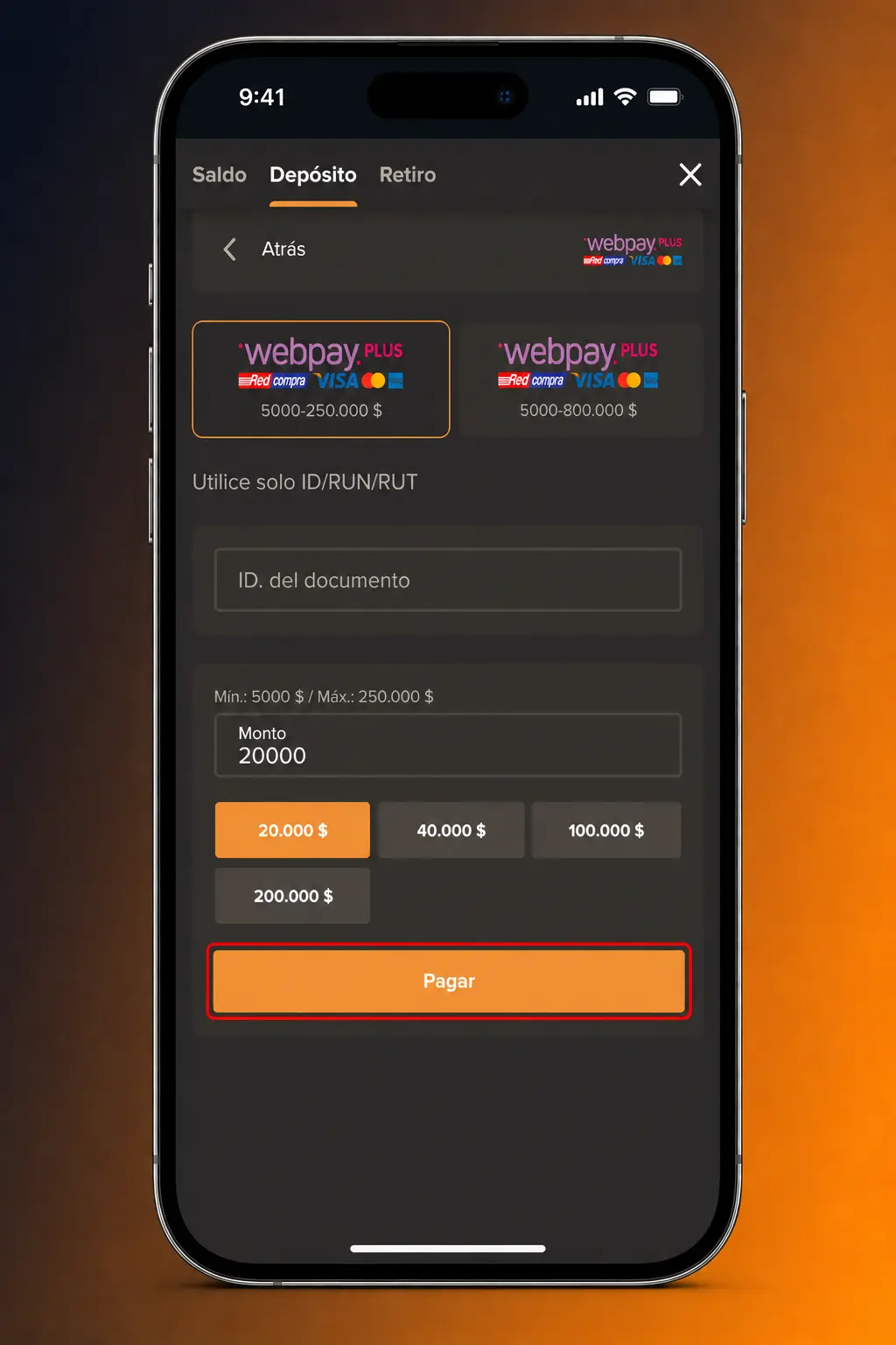 Pantalla de depósito en la app de SOL Casino Chile con saldo en CLP y métodos de pago disponibles