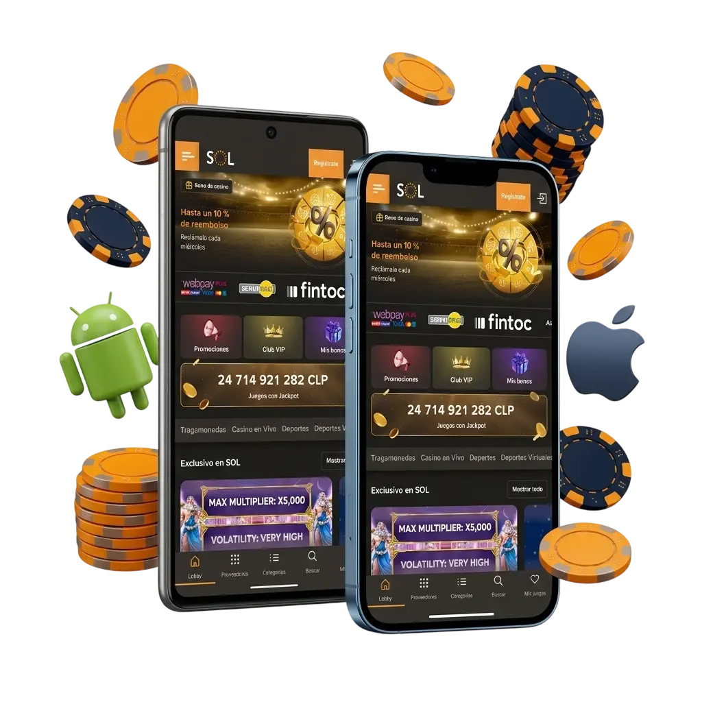 Aplicación móvil de SOL Casino en Chile para descargar en Android e iOS, con apuestas y bonos.
