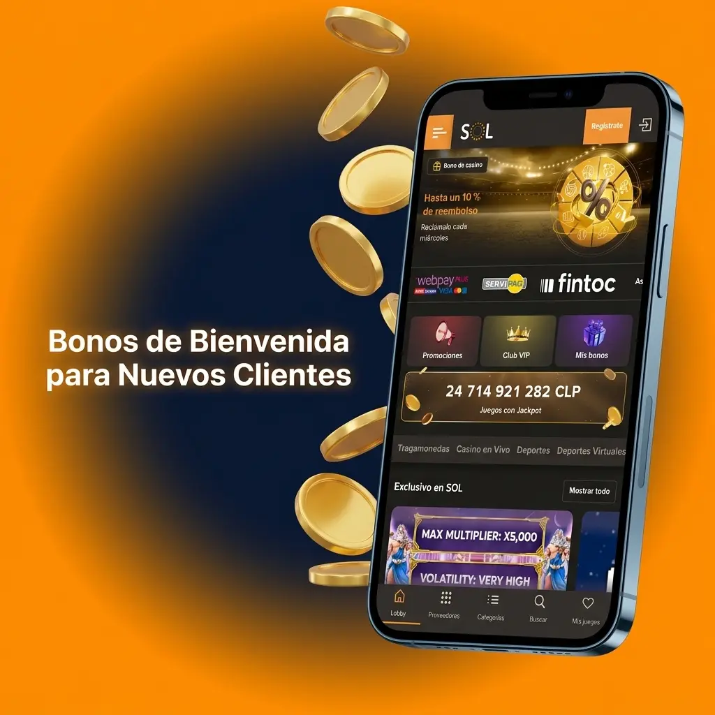 Bonos de bienvenida para nuevos clientes en la app móvil SOL Casino para deportes y casino.