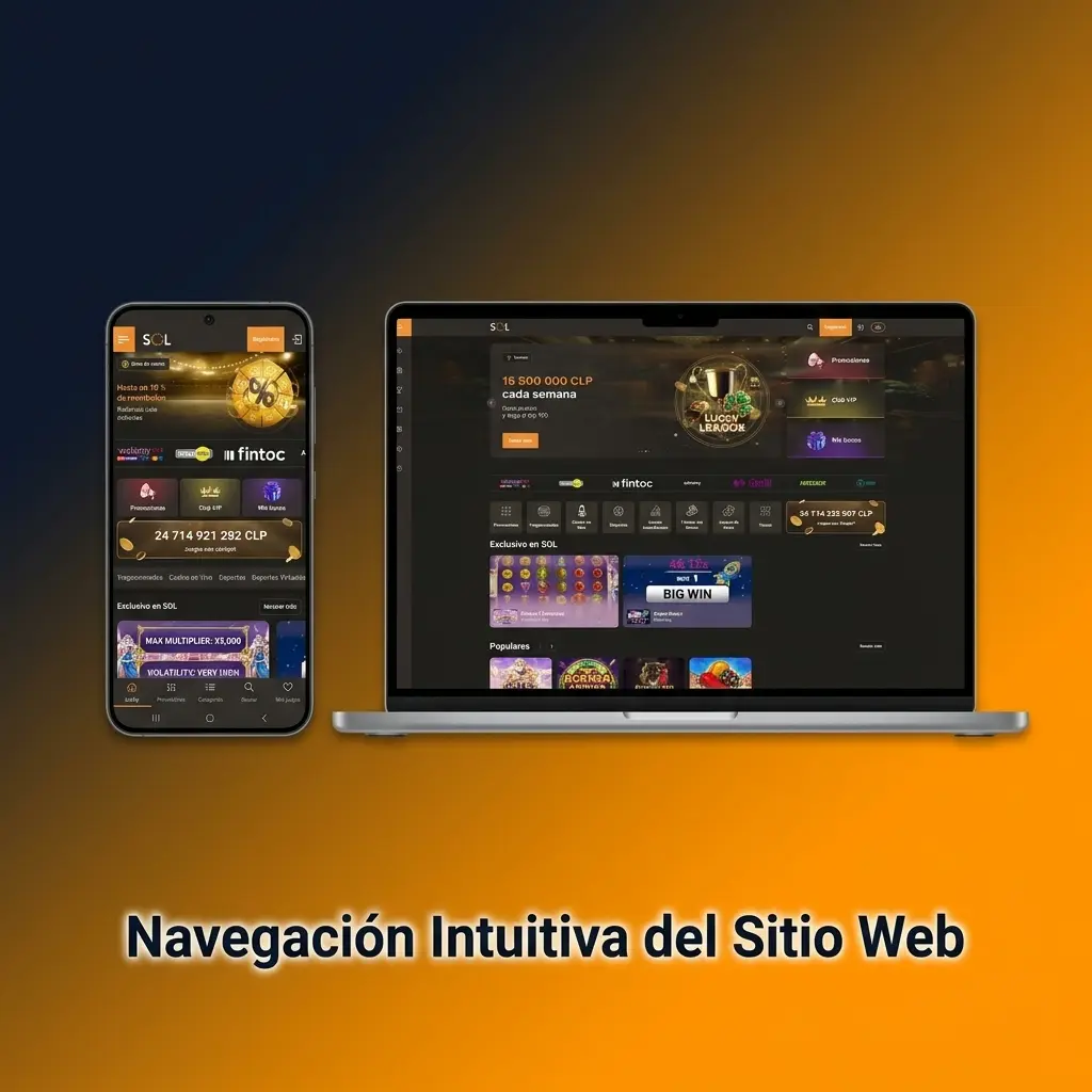 Interfaz del sitio web de SOL Casino en Chile con barra de navegación intuitiva para deportes, promociones y soporte