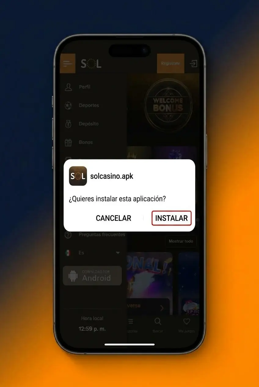 Celular mostrando los cuatro pasos para descargar e instalar un archivo APK en Android.