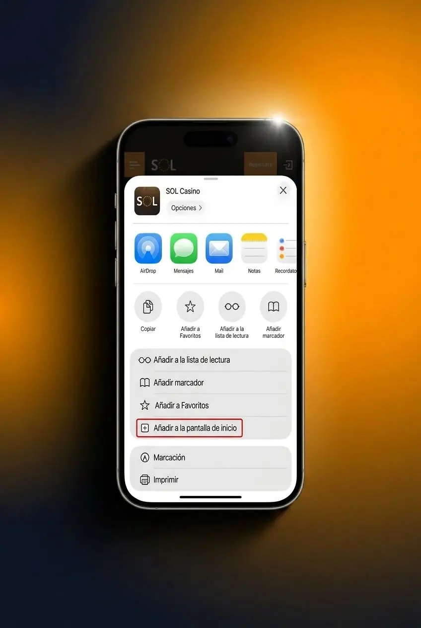 Pantalla mostrando los 5 pasos del proceso de instalación de la app de apuestas en dispositivos Apple.