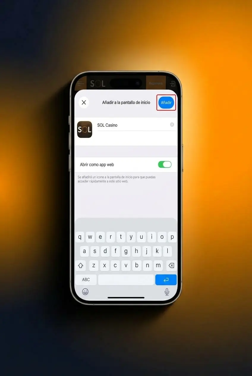 Pantalla de dispositivo Apple mostrando el proceso de 5 pasos para instalar la app de apuestas.