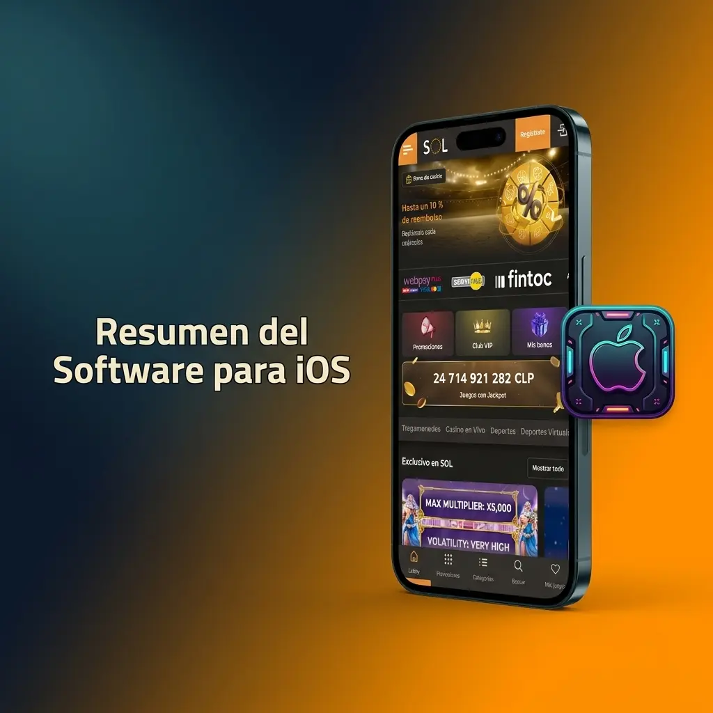 Resumen del software de la app SOL Casino para iOS, mostrando requisitos técnicos para iPhone e iPad.
